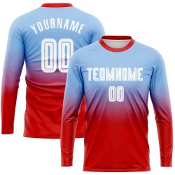 Maillot de football à manches longues, bleu délavé, à la mode, personnalisé, blanc et rouge, sublimation légère