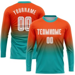 Maillot de football orange à manches longues, blanc et turquoise, à la mode, sublimation, dégradé long, personnalisé