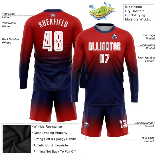 Maillot long rouge à manches longues, uniforme de football personnalisé par sublimation, blanc et bleu marine