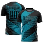 Maillot de football noir uniforme bleu sarcelle personnalisé par sublimation Maillot de football noir uniforme bleu sarcelle personnalisé par sublimation