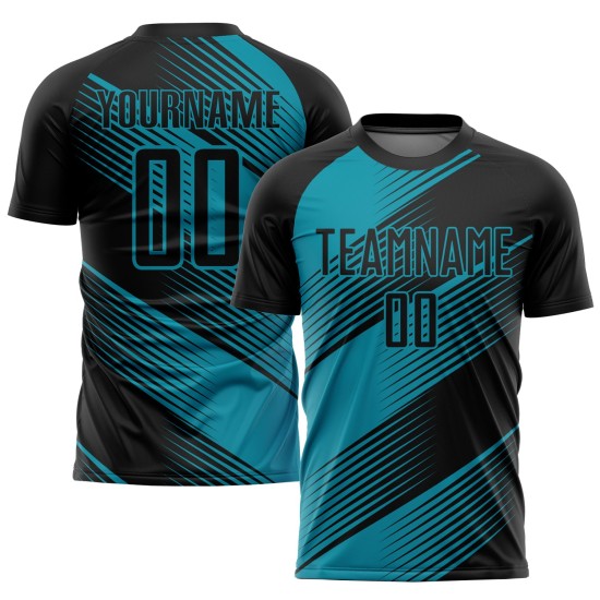 Maillot de football noir uniforme bleu sarcelle personnalisé par sublimation Maillot de football noir uniforme bleu sarcelle personnalisé par sublimation