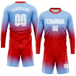 Maillot de football à manches longues, bleu délavé, à la mode, personnalisé, blanc et rouge, sublimation légère Maillot de football à manches longues, bleu délavé, à la mode, personnalisé, blanc et rouge, sublimation légère