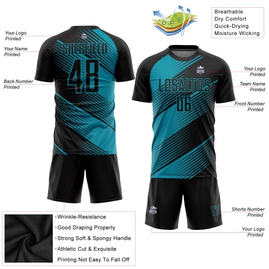 Maillot de football noir uniforme bleu sarcelle personnalisé par sublimation Maillot de football noir uniforme bleu sarcelle personnalisé par sublimation