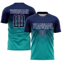 Maillot de football personnalisé Aqua bleu marine-blanc par sublimation