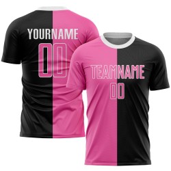 Maillot de football personnalisé à sublimation fendue, noir, rose et blanc