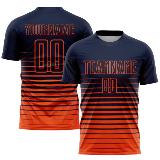 Maillot de football personnalisé à rayures fines, orange, bleu marine, dégradé, sublimation