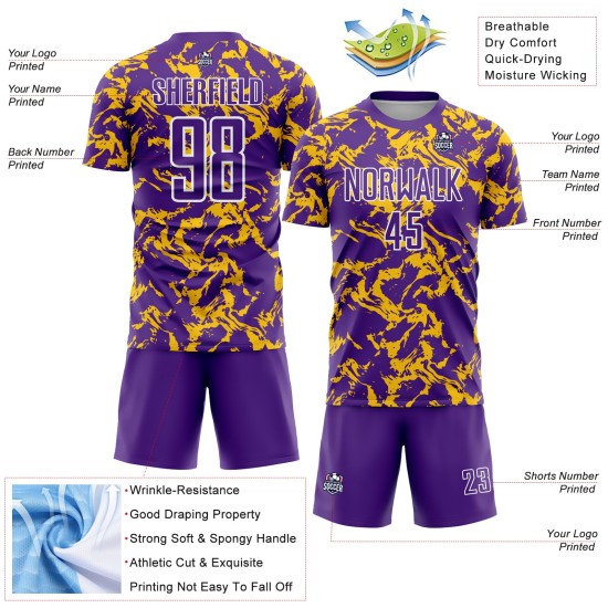 Maillot de football abstrait personnalisé à sublimation fluide violet, maillot or-blanc