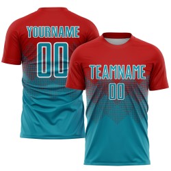 Maillot de football personnalisé rouge sublimé bleu sarcelle-blanc
