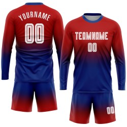 Maillot de football personnalisé à manches longues, rouge, à la mode, dégradé de blanc et de bleu royal