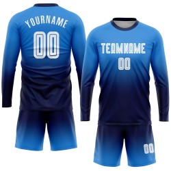Maillot de football à manches longues bleu, uniforme tendance, poudre personnalisée, sublimation, fondu blanc-bleu marine Maillot de football à manches longues bleu, uniforme tendance, poudre personnalisée, sublimation, fondu blanc-bleu marine
