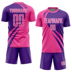 Maillot rose, lignes de sublimation, uniforme de football personnalisé violet-blanc