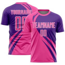 Maillot rose, lignes de sublimation, uniforme de football personnalisé violet-blanc