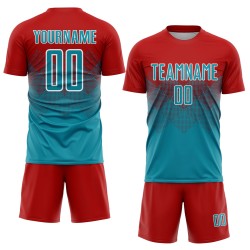 Maillot de football personnalisé rouge sublimé bleu sarcelle-blanc