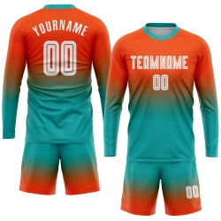 Maillot de football orange à manches longues, blanc et turquoise, à la mode, sublimation, dégradé long, personnalisé