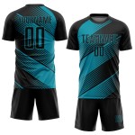 Maillot de football noir uniforme bleu sarcelle personnalisé par sublimation Maillot de football noir uniforme bleu sarcelle personnalisé par sublimation