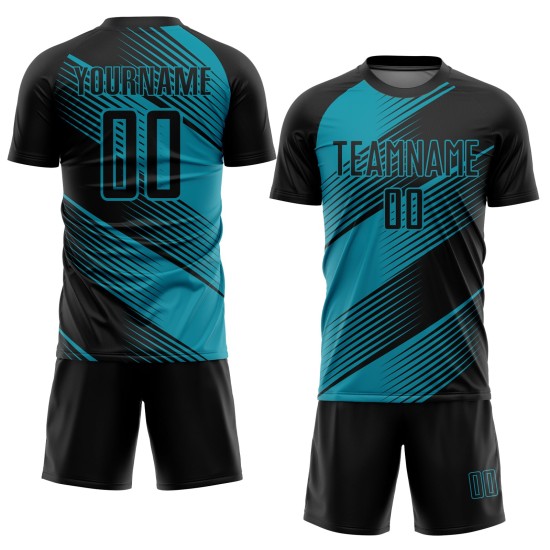 Maillot de football noir uniforme bleu sarcelle personnalisé par sublimation Maillot de football noir uniforme bleu sarcelle personnalisé par sublimation