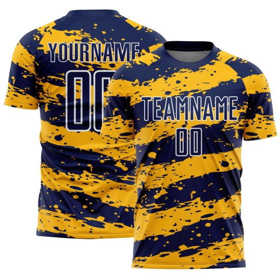 Maillot de football personnalisé bleu marine, or et blanc, sublimation