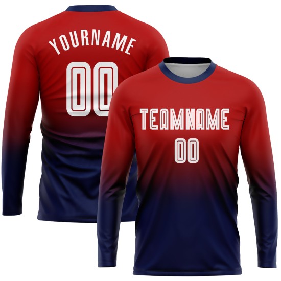 Maillot long rouge à manches longues, uniforme de football personnalisé par sublimation, blanc et bleu marine