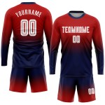 Maillot long rouge à manches longues, uniforme de football personnalisé par sublimation, blanc et bleu marine