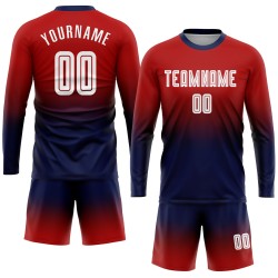 Maillot long rouge à manches longues, uniforme de football personnalisé par sublimation, blanc et bleu marine
