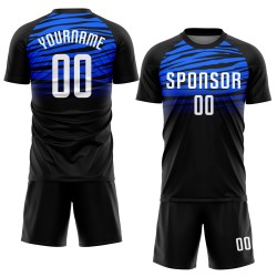 Maillot de football noir personnalisé par sublimation, blanc et bleu roi