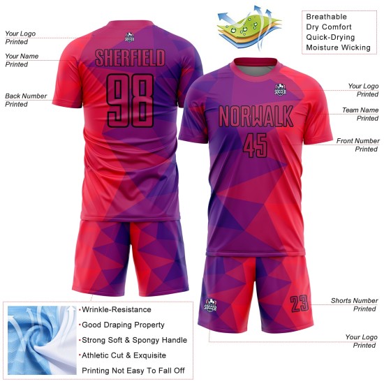 Maillot de football à sublimation géométrique, rouge et noir, violet, personnalisé
