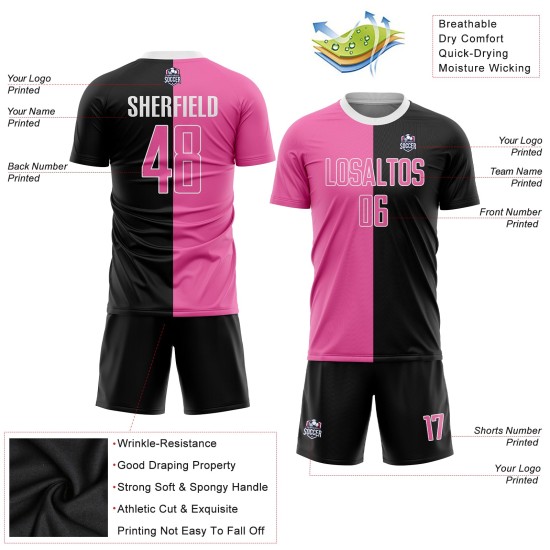 Maillot de football personnalisé à sublimation fendue, noir, rose et blanc