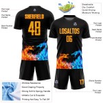 Maillot de football personnalisé noir jaune-orange, uniforme de sublimation Dragon Flame Maillot de football personnalisé noir jaune-orange, uniforme de sublimation Dragon Flame