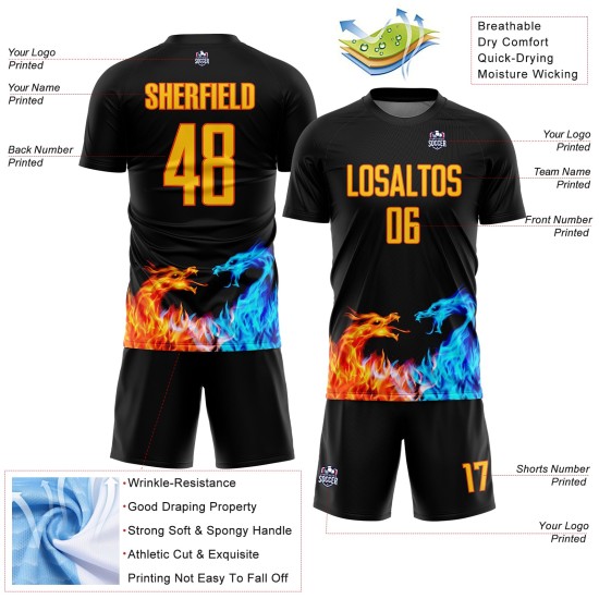 Maillot de football personnalisé noir jaune-orange, uniforme de sublimation Dragon Flame Maillot de football personnalisé noir jaune-orange, uniforme de sublimation Dragon Flame