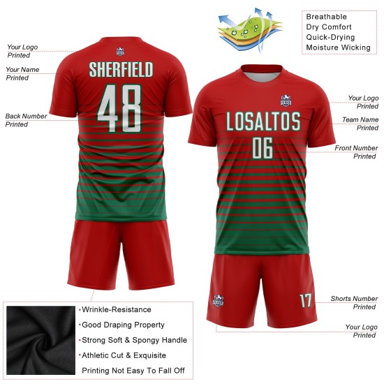 Maillot de football à rayures fines, rouge délavé, sublimation, personnalisé, vert et blanc, Kelly