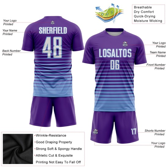 Maillot de football à sublimation, violet, rayures fines, bleu, personnalisé, blanc et léger