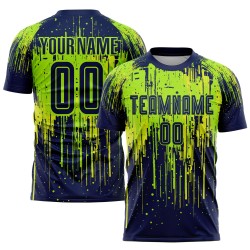Maillot de football personnalisé jaune uniforme, sublimation, vert fluo, bleu marine-néon