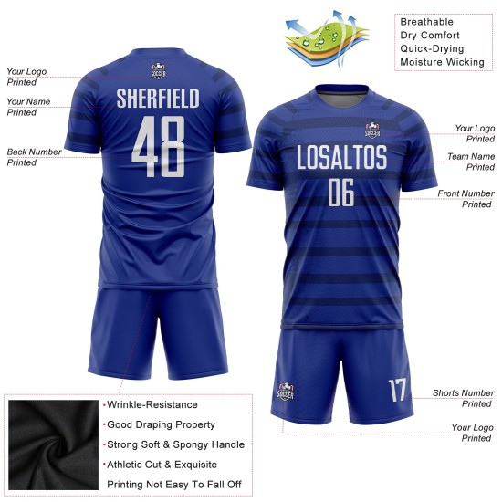 Maillot de football personnalisé blanc-bleu marine par sublimation