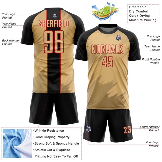 Maillot de football noir et rouge Old Sharp, uniforme de sublimation doré personnalisé