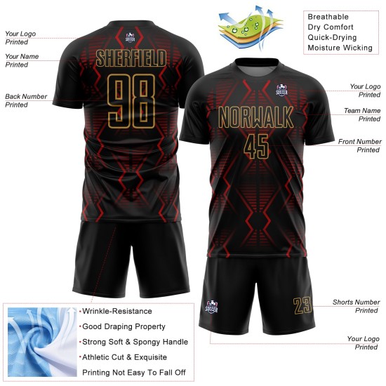 Maillot de football géométrique personnalisé rouge et ancien, sublimation, formes noires et dorées