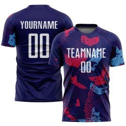Maillot de football personnalisé par sublimation, blanc, bleu clair et bleu marine