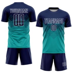Maillot de football personnalisé Aqua bleu marine-blanc par sublimation