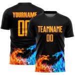 Maillot de football personnalisé noir jaune-orange, uniforme de sublimation Dragon Flame Maillot de football personnalisé noir jaune-orange, uniforme de sublimation Dragon Flame
