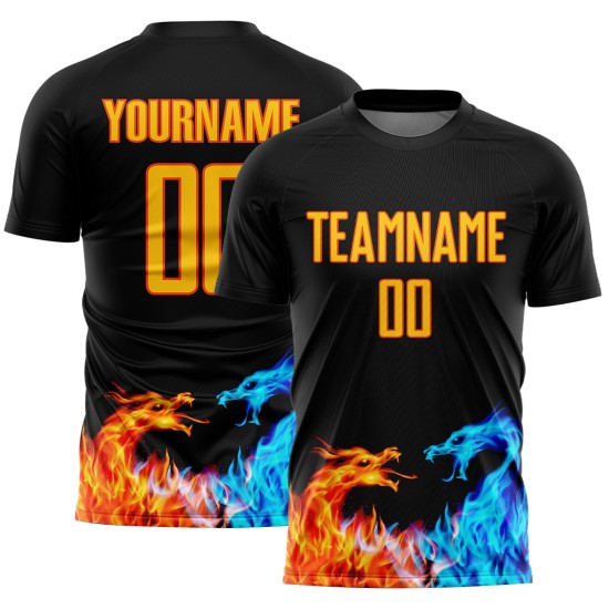 Maillot de football personnalisé noir jaune-orange, uniforme de sublimation Dragon Flame Maillot de football personnalisé noir jaune-orange, uniforme de sublimation Dragon Flame