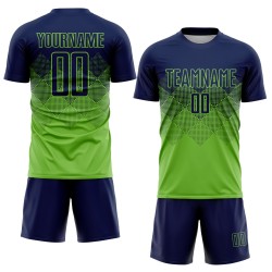Maillot vert fluo, uniforme de football bleu marine personnalisé par sublimation