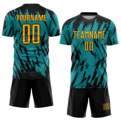 Maillot de football personnalisé à sublimation dorée, noir et bleu sarcelle