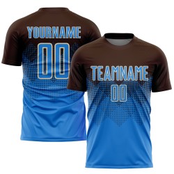 Maillot de football personnalisé par sublimation bleu poudre-crème, marron