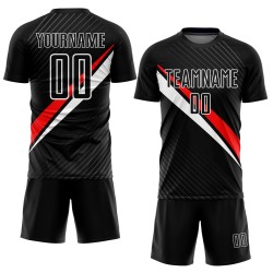 Maillot de football personnalisé à sublimation, lignes diagonales noir, rouge et blanc