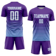 Maillot de football à sublimation, violet, rayures fines, bleu, personnalisé, blanc et léger