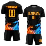 Maillot de football personnalisé noir jaune-orange, uniforme de sublimation Dragon Flame Maillot de football personnalisé noir jaune-orange, uniforme de sublimation Dragon Flame