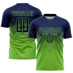 Maillot vert fluo, uniforme de football bleu marine personnalisé par sublimation