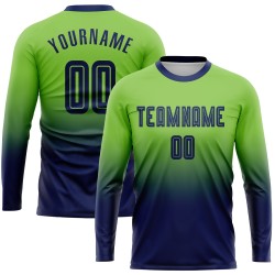 Maillot de football personnalisé à manches longues, dégradé par sublimation, vert fluo, bleu marine