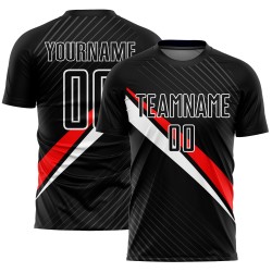 Maillot de football personnalisé à sublimation, lignes diagonales noir, rouge et blanc