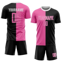 Maillot de football personnalisé à sublimation fendue, noir, rose et blanc
